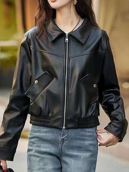 vlovelaw  PU Leather Zip Up Jacket, Casual Long Sleeve Pocket Solid Jacket, Women's Clothing