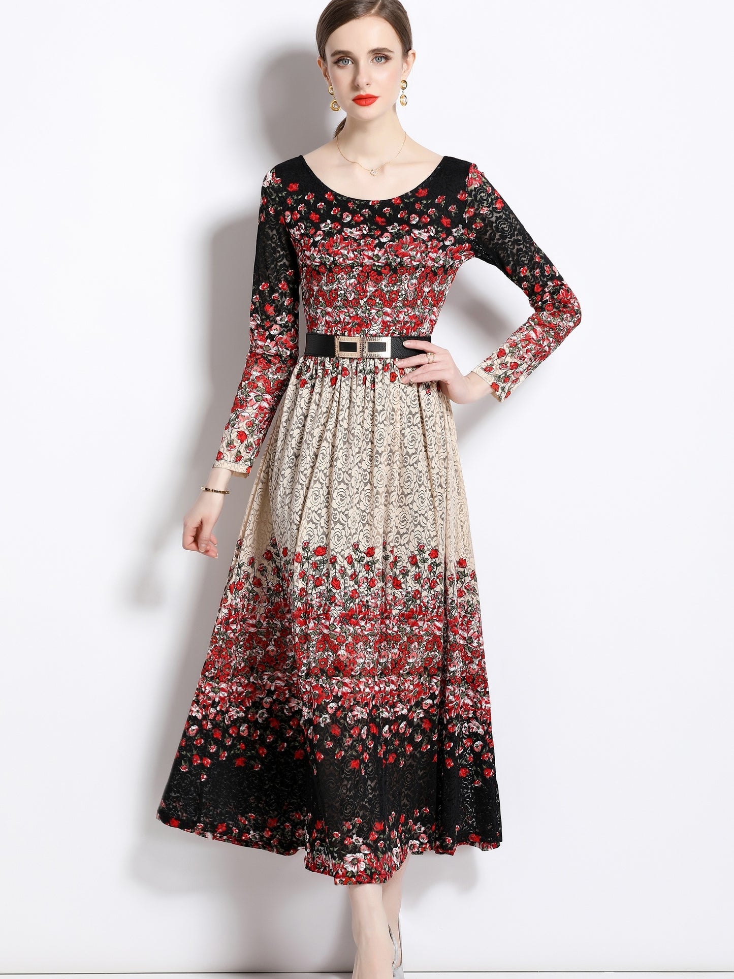 All Over Print Crew Neck Dress, Elegant Long Sleeve Dress For Spring & Fall, Women's Clothing