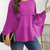 vlovelaw  Plus Size Elegant Blouse, Women's Plus Solid Layered Mesh Batwing Sleeve Round Neck Shirt Top