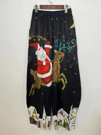 Christmas Print Elastic Waist Pants, Casual Loose Pants With Pocket, Women's Clothing