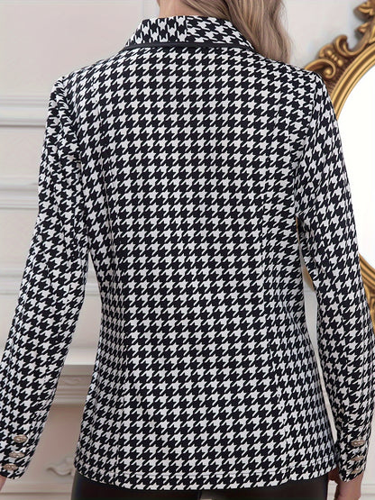 Houndstooth Print Single Breasted Blazer, Casual Lapel Long Sleeve Blazer, Women's Clothing