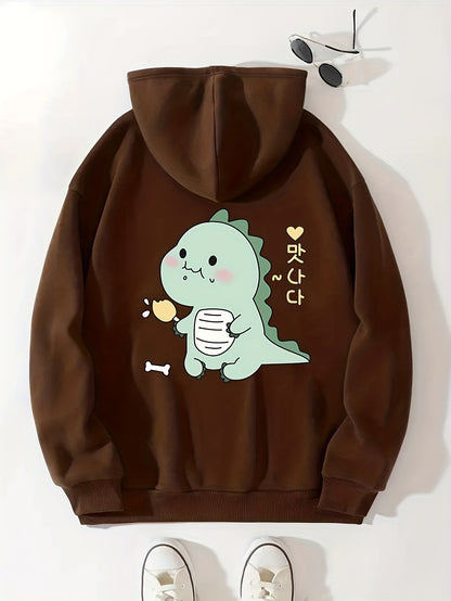 Cartoon Dinosaur Graphic Long Sleeve Fleece Hooded Sweatshirts,  Print Drawstring Sports Hoodie With Front Pocket, Women's Sporty Sweatshirts