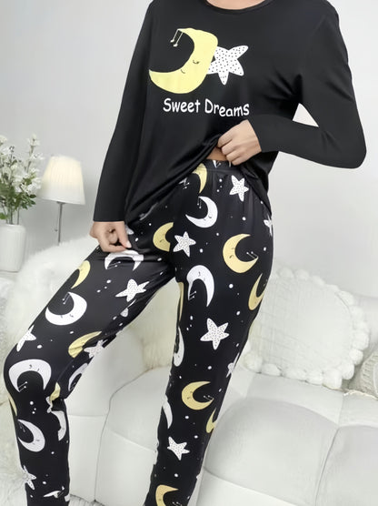 vlovelaw  Moon & Star Print Lounge Set, Long Sleeve Crew Neck Top & Elastic Waistband Pants, Women's Loungewear & Sleepwear