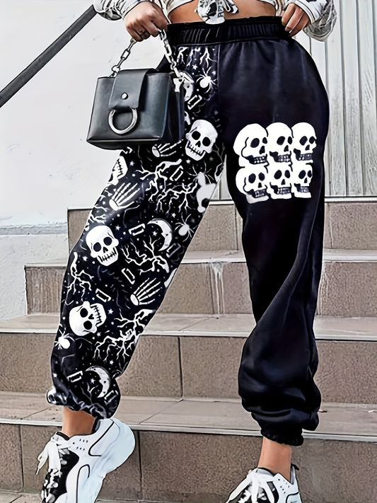 vlovelaw  Skull Print Elastic Waist Jogger Pants, Casual Loose Pants, Women's Clothing