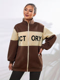 Color Block Zip Up Jacket, Casual Long Sleeve Letter Pattern Outerwear, Women's Clothing