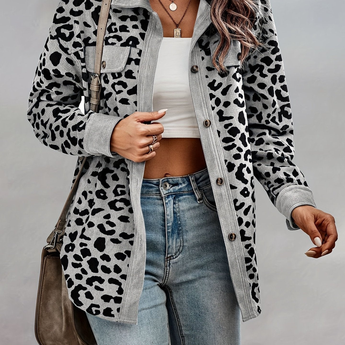 vlovelaw  Leopard Print Shacket Jacket, Casual Button Front Turn Down Collar Long Sleeve Outerwear, Women's Clothing