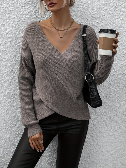 vlovelaw  Surplice Neck Knitted Pullover Top, Casual Long Sleeve Sweater For Fall & Winter, Women's Clothing