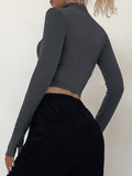 vlovelaw  Ribbed Zip Up Crop Top, Y2K V-neck Long Sleeve T-shirt For Spring & Fall, Women's Clothing