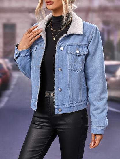 Long Sleeves Lapel Denim Coat, Flap Pockets Fleece Liner Keep Warm Denim Jacket, Women's Clothing