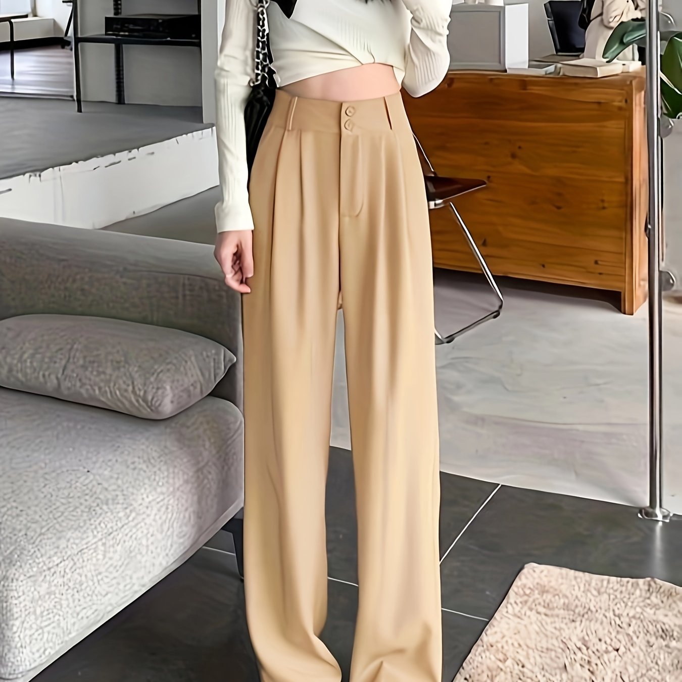 vlovelaw Solid Color Straight Leg Pants, Casual High Waist Loose Pants For Spring & Fall, Women's Clothing