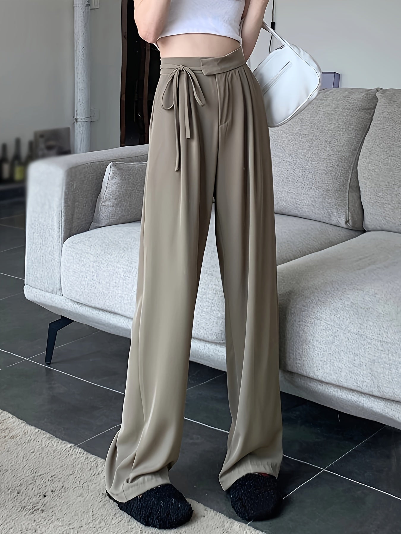 vlovelaw  Solid Draped Straight Leg Pants, Casual Tied High Waist Loose Pants, Women's Clothing