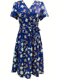 vlovelaw  Floral Print V Neck Dress, Elegant Knot Pleated Short Sleeve Dress, Women's Clothing