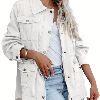 vlovelaw  Button Flap Pockets Drawstring Jacket, Casual Long Sleeve Jacket For Fall & Winter, Women's Clothing