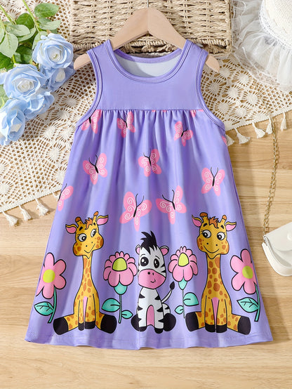 Charming Sleeveless Cartoon Dress for Girls - Crew Neck, Adorable Summer Party Outfit, Perfect Birthday Present.