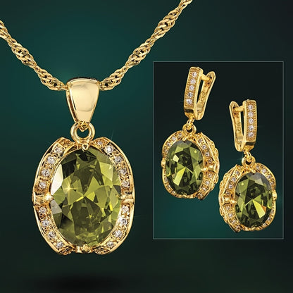 3pcs Elegant And Sparkling Geometric Cubic Zirconia Necklace And Earrings Set In Retro Olive Green Color - 18K Gold-Plated Jewelry Set For Valentine's Day, Weddings, And Girl's Gift