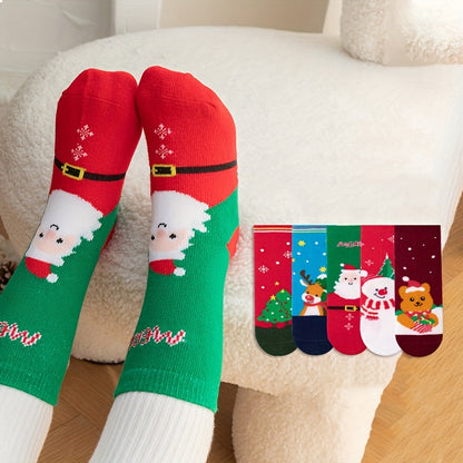 2/5 Pairs Of Girl's Christmas Style Funny Pattern Crew Socks, Comfy Breathable Casual Thermal Socks, Winter & Autumn