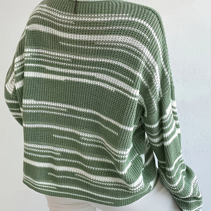 vlovelaw  Striped Crew Neck Pullover Sweater, Casual Long Sleeve Drop Shoulder Loose Sweater, Women's Clothing