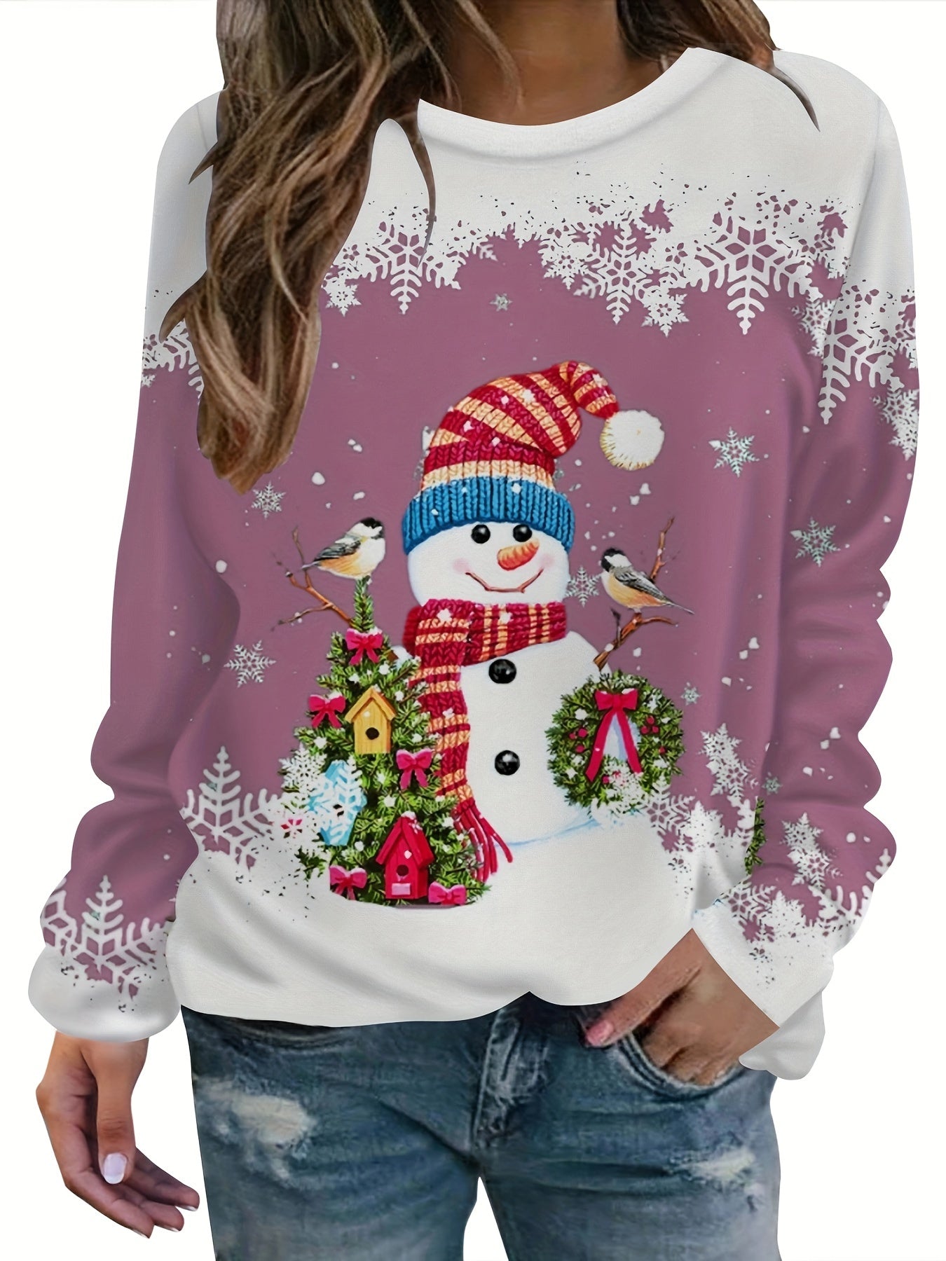 vlovelaw  Christmas Snowman Printed Warm Sports Sweatshirts, Long-sleeved Round Neck Casual Sports Pullover Tops For Winter And Autumn, Women's Sporty Sweatshirts