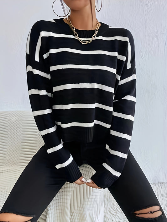 vlovelaw  Striped Crew Neck Pullover Sweater, Casual Long Sleeve Drop Shoulder Sweater, Women's Clothing