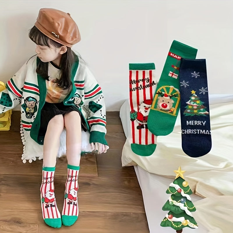 3pairs Baby Girls Kids Christmas Socks, Cartoon Santa Claus Christmas Tree Elk Snowman Cute Socks, Warm Socks For Autumn Winter, Toddlers Children's Socks