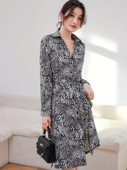 vlovelaw  Allover Print Button Front Dress, Elegant Long Sleeve Midi Dress, Women's Clothing