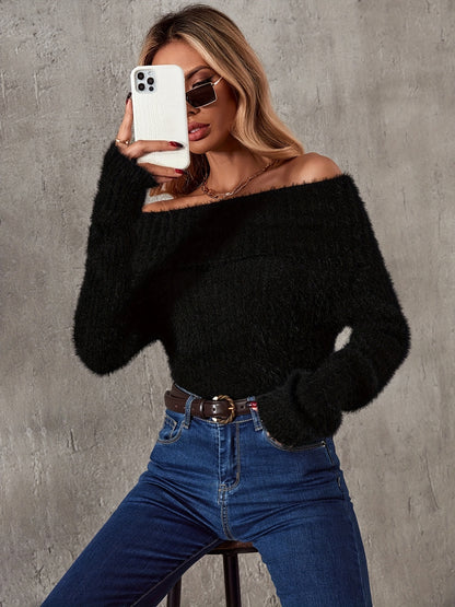 vlovelaw  Solid Off Shoulder Fleece Sweater, Casual Long Sleeve Slim Sweater, Women's Clothing