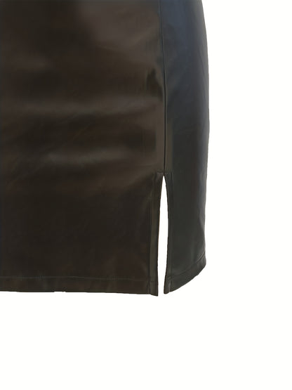 Solid Faux Leather Bodycon Skirt, Vintage Side Split Skirt For Spring & Fall, Women's Clothing