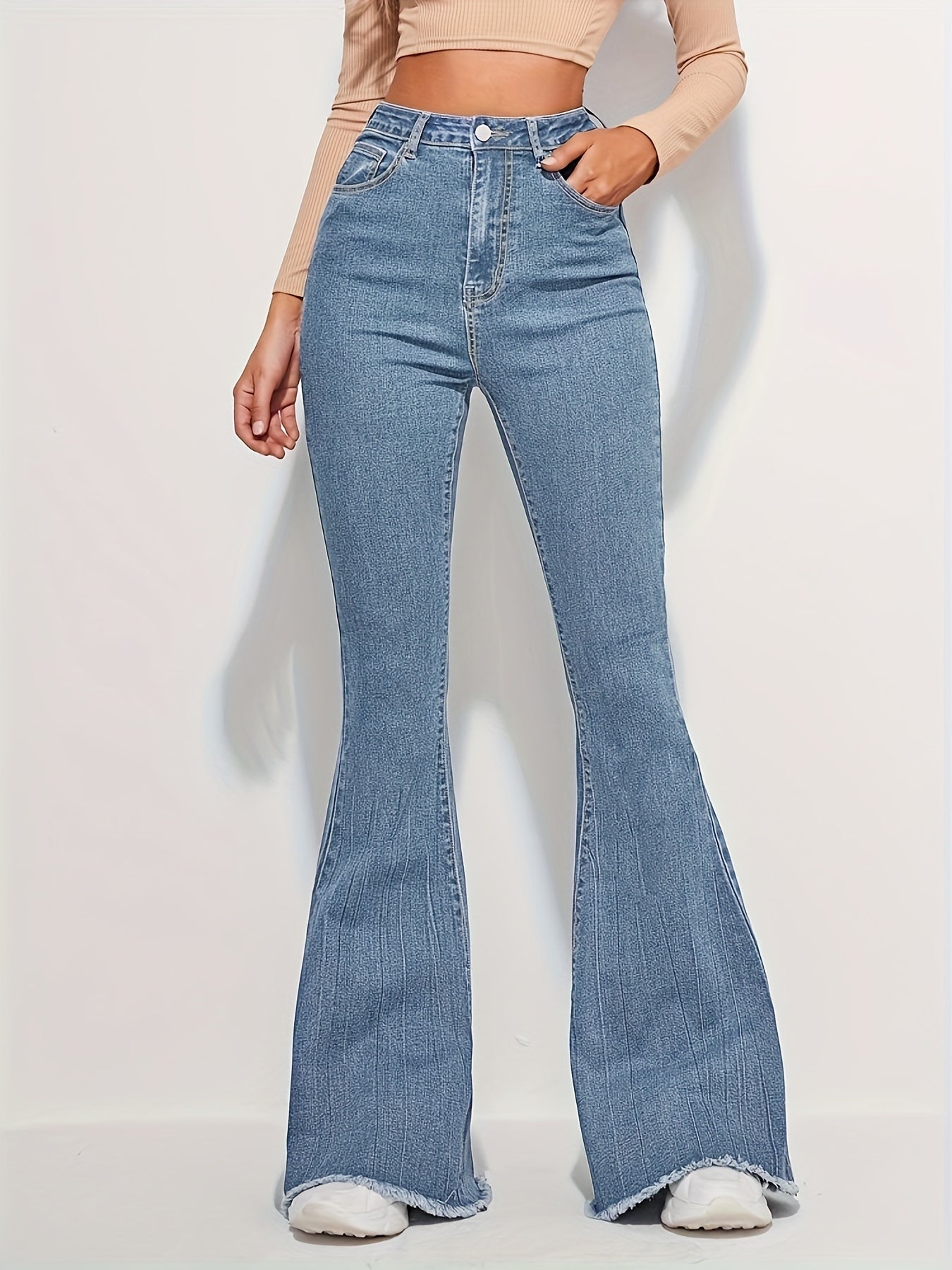 vlovelaw Raw Trim Fashion Bell Bottom Jeans, High Waist Elastic Washed Elegant Denim Pants, Women's Denim Jeans & Clothing