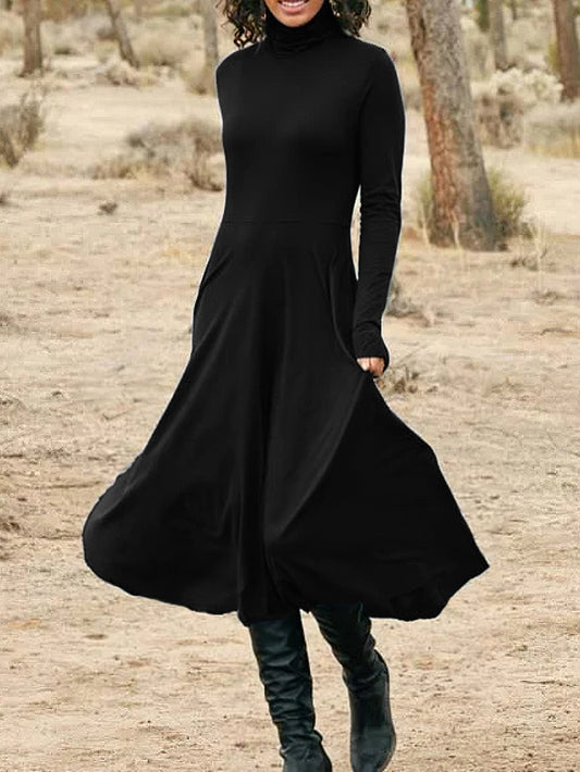 vlovelaw  High Neck Solid Midi Dress, Elegant Long Sleeve Daily Dress, Women's Clothing