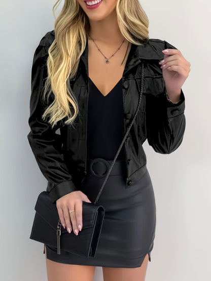 vlovelaw  Leather Lapel Solid Jacket, Casual Button Front Long Sleeve Outerwear, Women's Clothing