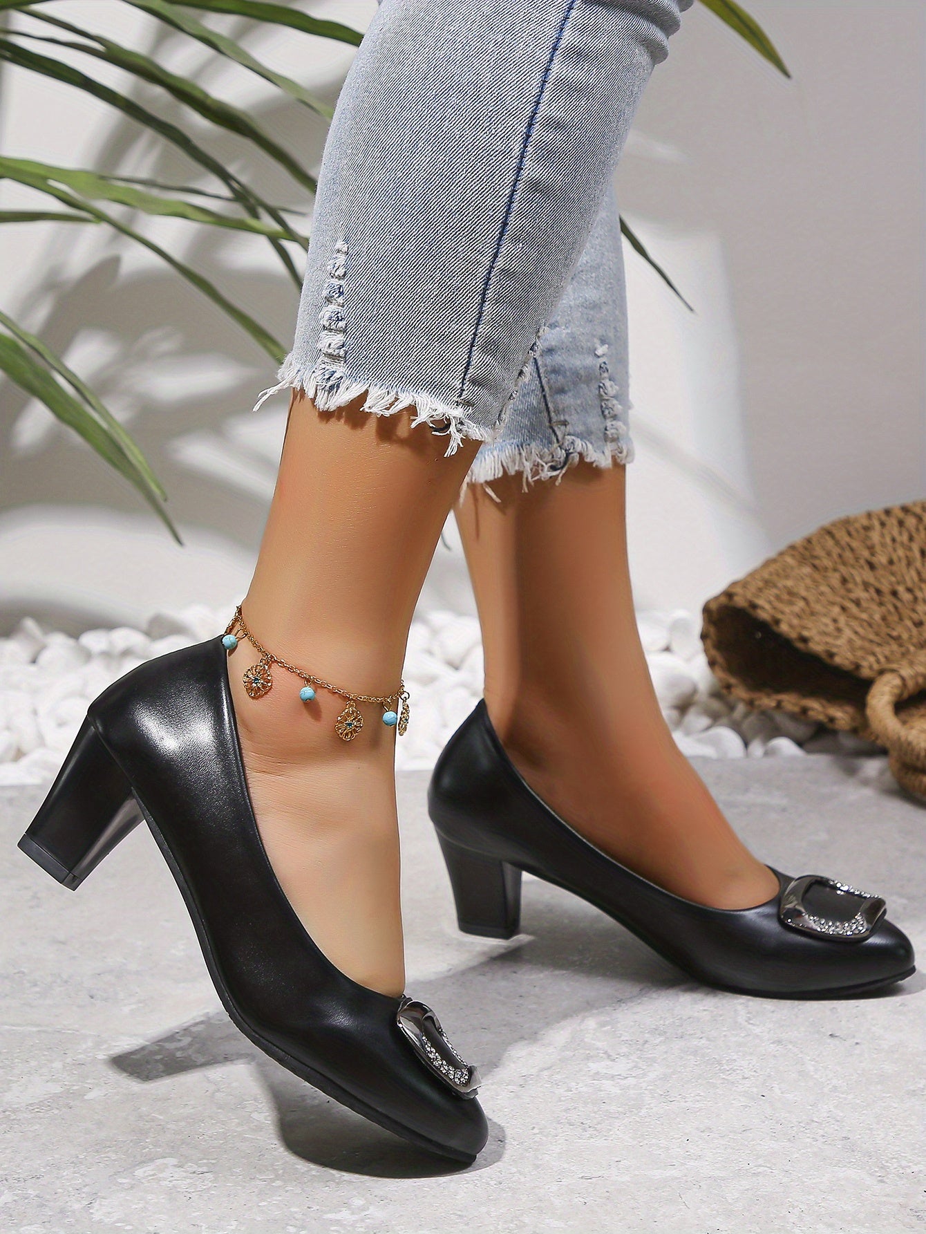 Women's Rhinestone Square Decor Court Pumps, Pointed Toe Soft Sole Slip On Block Mid Heels, Versatile Business Dress Shoes