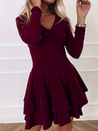 vlovelaw  Layered Solid Dress, Casual V Neck Long Sleeve Ruffle Mini Dress, Women's Clothing