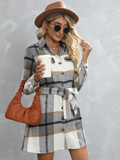 Button Plaid Tie Waist Jacket, Casual Long Sleeve Jacket For Fall & Winter, Women's Clothing