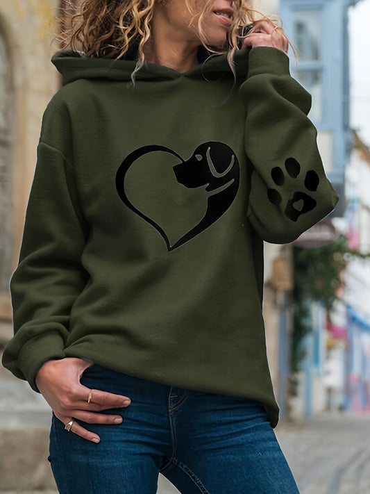 vlovelaw  Dog & Heart & Paw Print Hoodie, Casual Long Sleeve Hoodie Sweatshirt, Women's Clothing