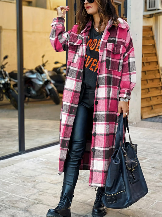 Plaid Single Breasted Overcoat, Versatile Long Sleeve Flap Pockets Longline Coat, Women's Clothing