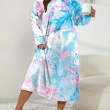 vlovelaw Plus Size Elegant Loungewear Dress, Women's Plus Tie Dye Fluid Print Long Sleeve Round Neck Sleep Dress