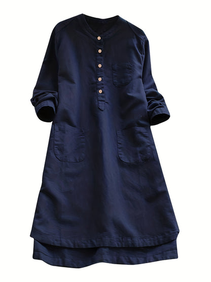 Plus Size Button Decor Solid Casual Swing Dress With Pockets, Women's Plus Loose Fit Midi Dress