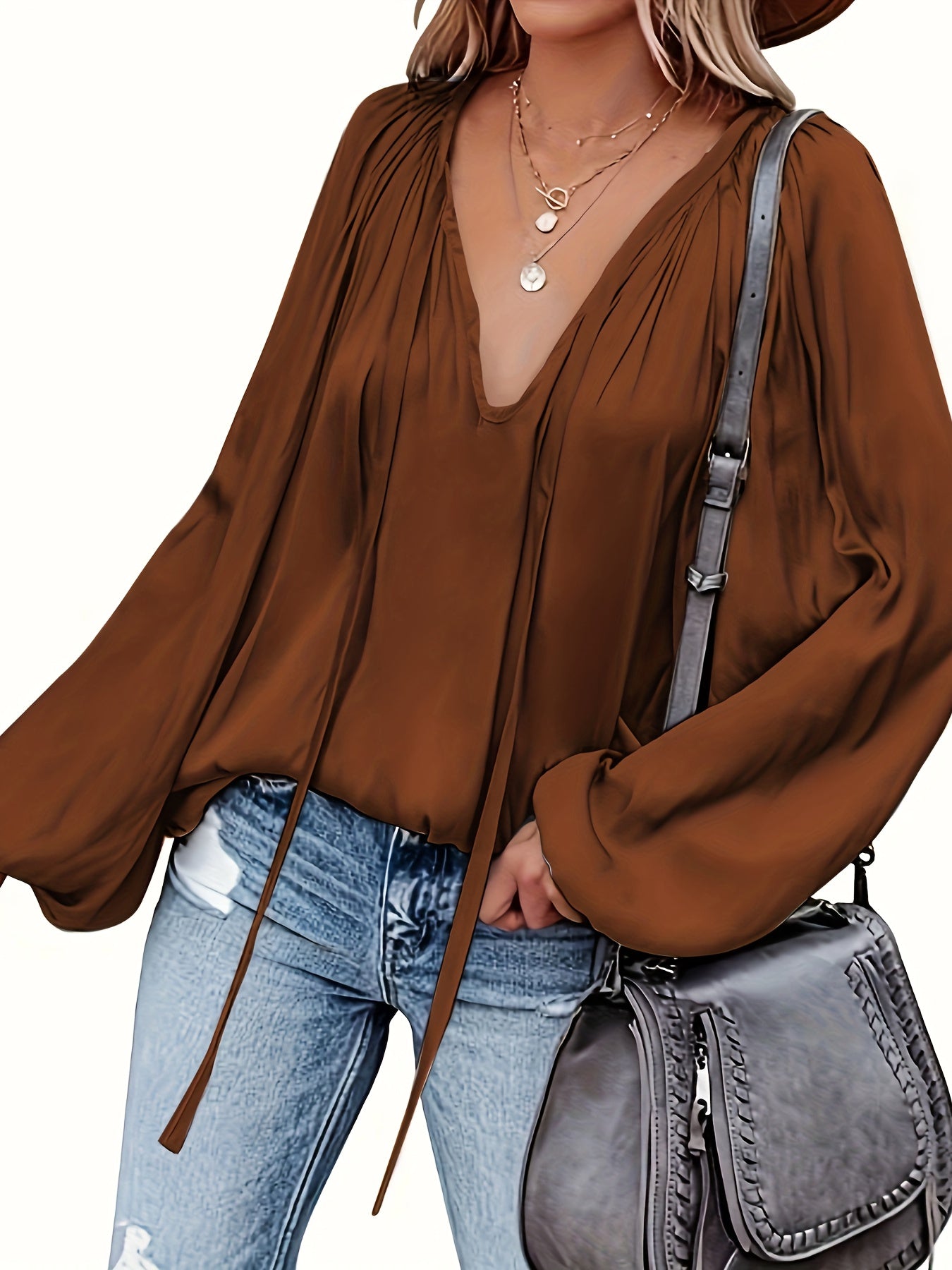 Solid Tie Neck Pleated Blouse, Casual Long Sleeve Blouse For Spring & Fall, Women's Clothing