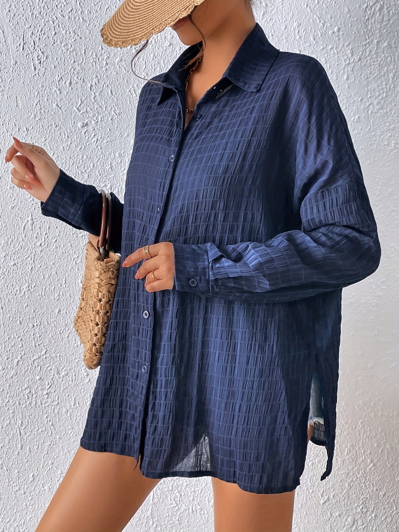 Solid Button Front Shirt, Casual Split Long Sleeve Collared Shirt, Women's Clothing