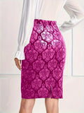 vlovelaw Plus Size Elegant Skirt, Women's Plus Damask Print Elastic High Rise Pencil Skirt