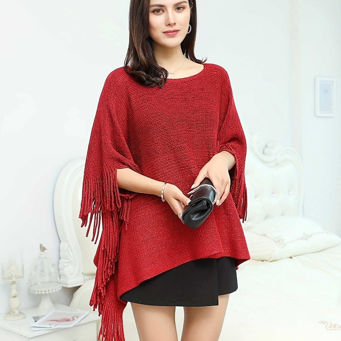 vlovelaw Color Block Boat Neck Cape Sweater, Elegant Tassel Trim Oversized Poncho Sweater, Women's Clothing