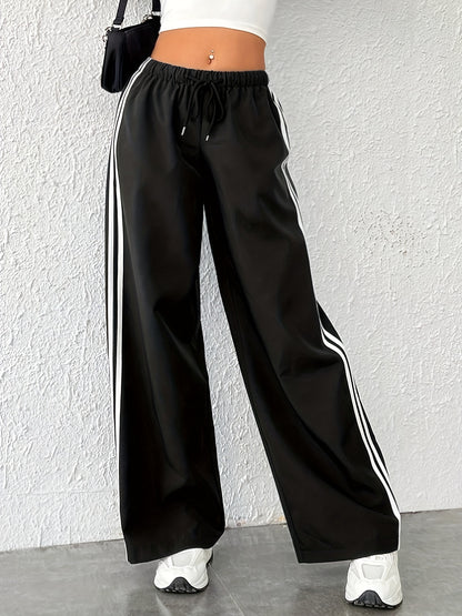 vlovelaw  Striped Drawstring Waist Pants, Casual Wide Leg Pants For Spring & Fall, Women's Clothing