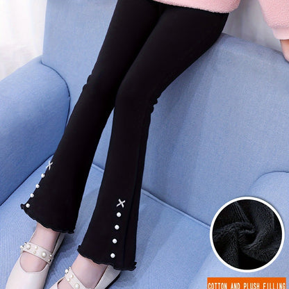 vlovelaw  Girls Elegant Thermal Flare Pants With Bowknot & Bead Details, Slim Warm Long Pants For Fall Winter