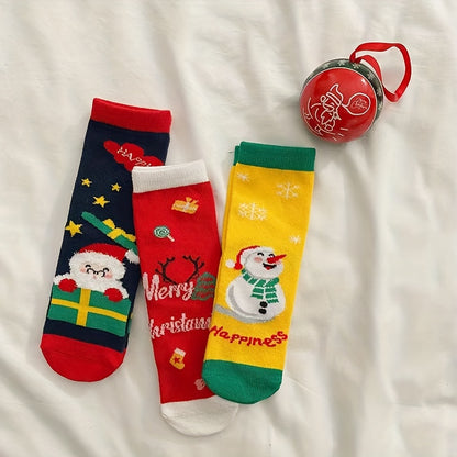 3pairs Baby Girls Kids Christmas Socks, Cartoon Santa Claus Christmas Tree Elk Snowman Cute Socks, Warm Socks For Autumn Winter, Toddlers Children's Socks