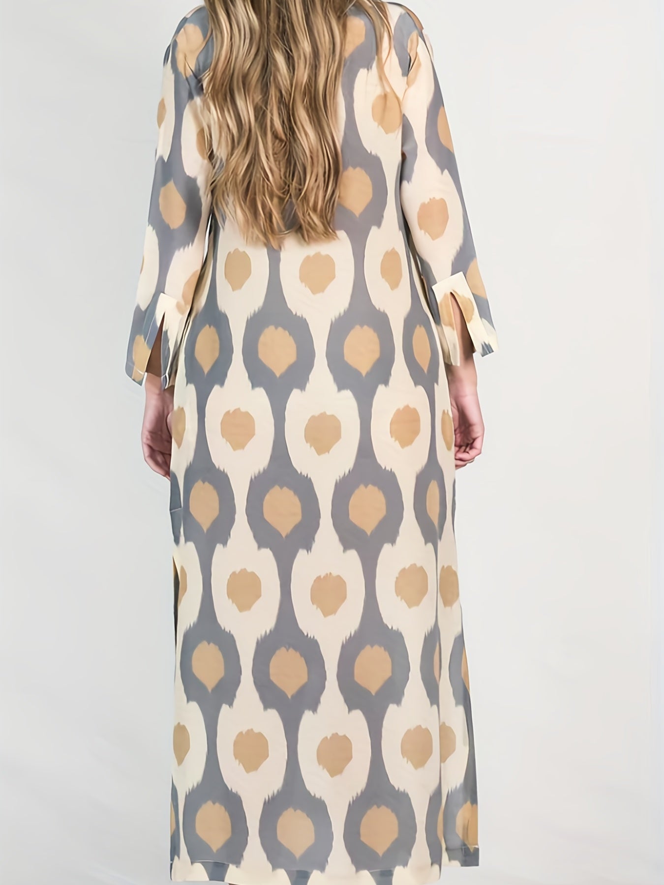 vlovelaw  Graphic Print Split Dress, Vintage V Neck Long Sleeve Maxi Dress, Women's Clothing