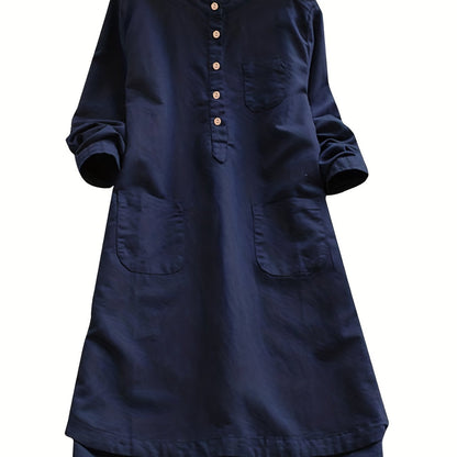 Plus Size Button Decor Solid Casual Swing Dress With Pockets, Women's Plus Loose Fit Midi Dress