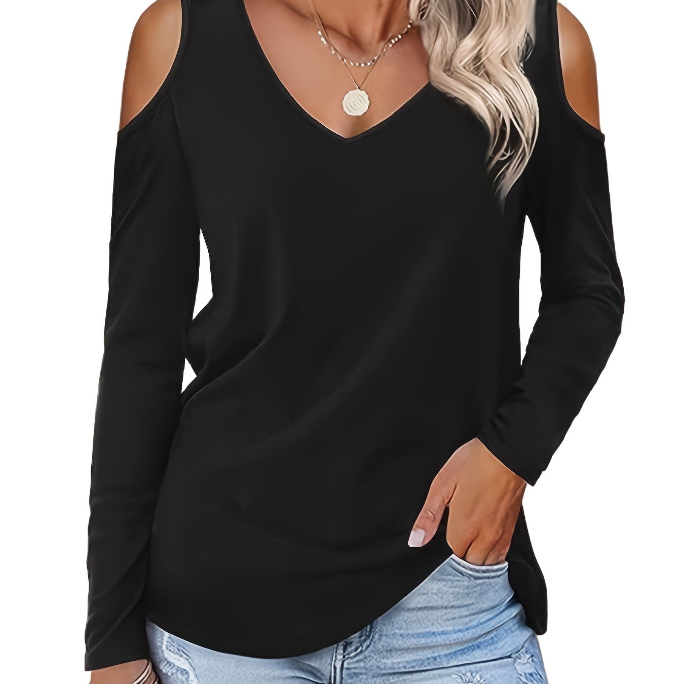 vlovelaw Cold Shoulder V Neck T-Shirt, Casual Short Sleeve T-Shirt For Spring & Summer, Women's Clothing