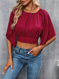 vlovelaw  Ruched Tie Back Crop Top, Casual Crew Neck Cape Sleeve Blouse For Spring & Summer, Women's Clothing