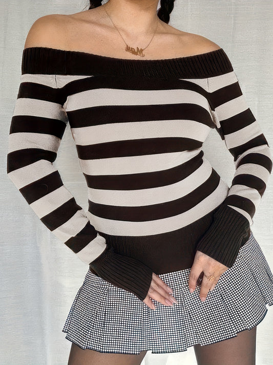 vlovelaw  Stripe Pattern Off Shoulder Knit Sweater, Casual Long Sleeve Pullover Sweater, Women's Clothing