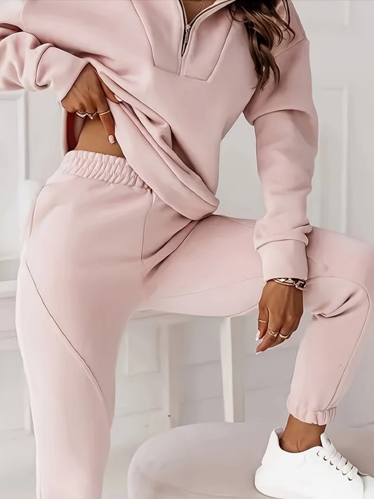 vlovelaw  Solid Casual Two-piece Set, Zip Front Long Sleeve Top & Elastic Waist Pants Outfits, Women's Clothing